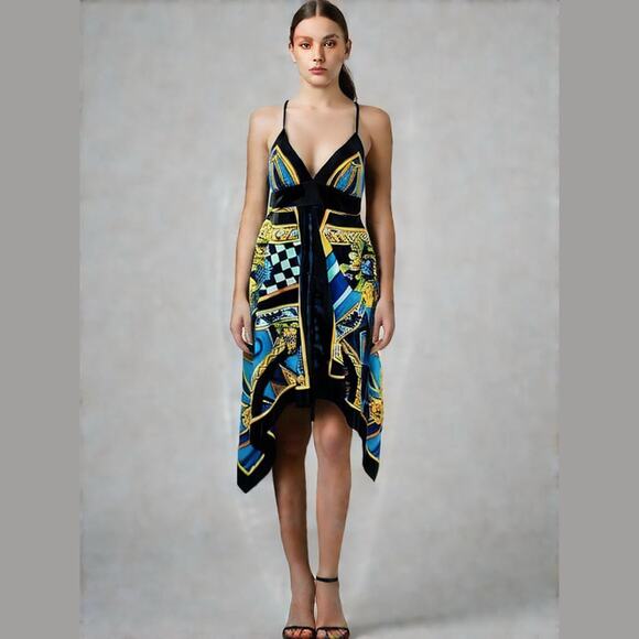 Forever 21 Vintage Black Multicolor Asymmetrical Halter Top Y2K Dress Women Sz S - Picture 1 of 12